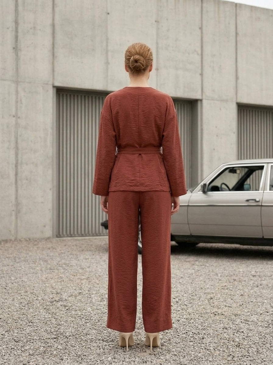 Kimono Yaka Bağcıklı Tencel Takım