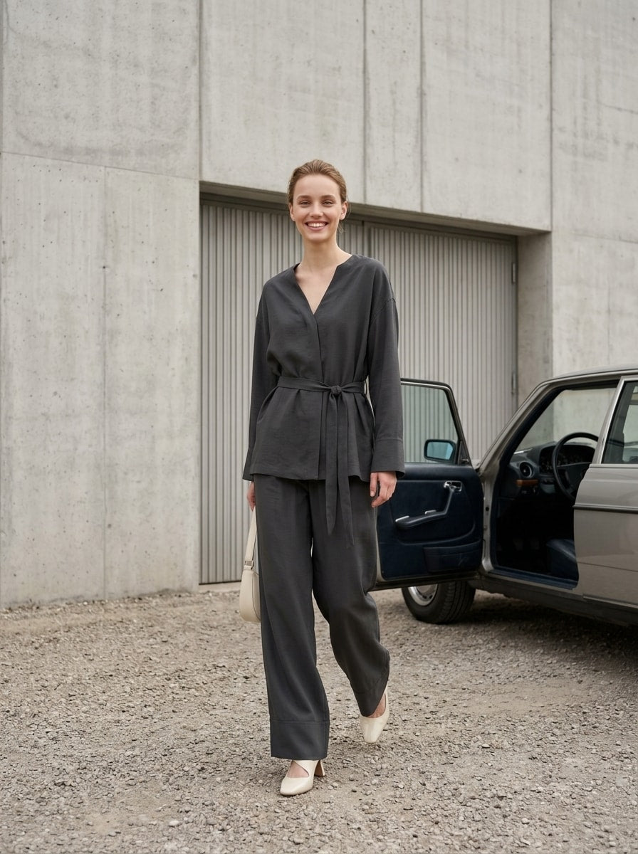Kimono Yaka Bağcıklı Tencel Takım